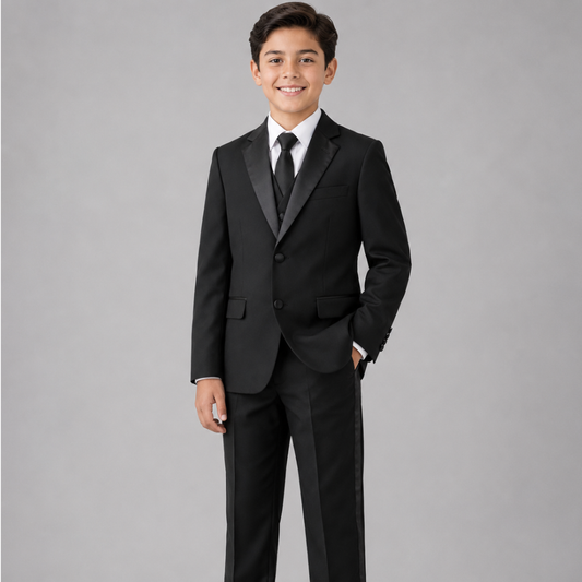 Boys Classic Black 2-Piece Tuxedo Suit – Formal Blazer & Satin Trim Dress Pants
