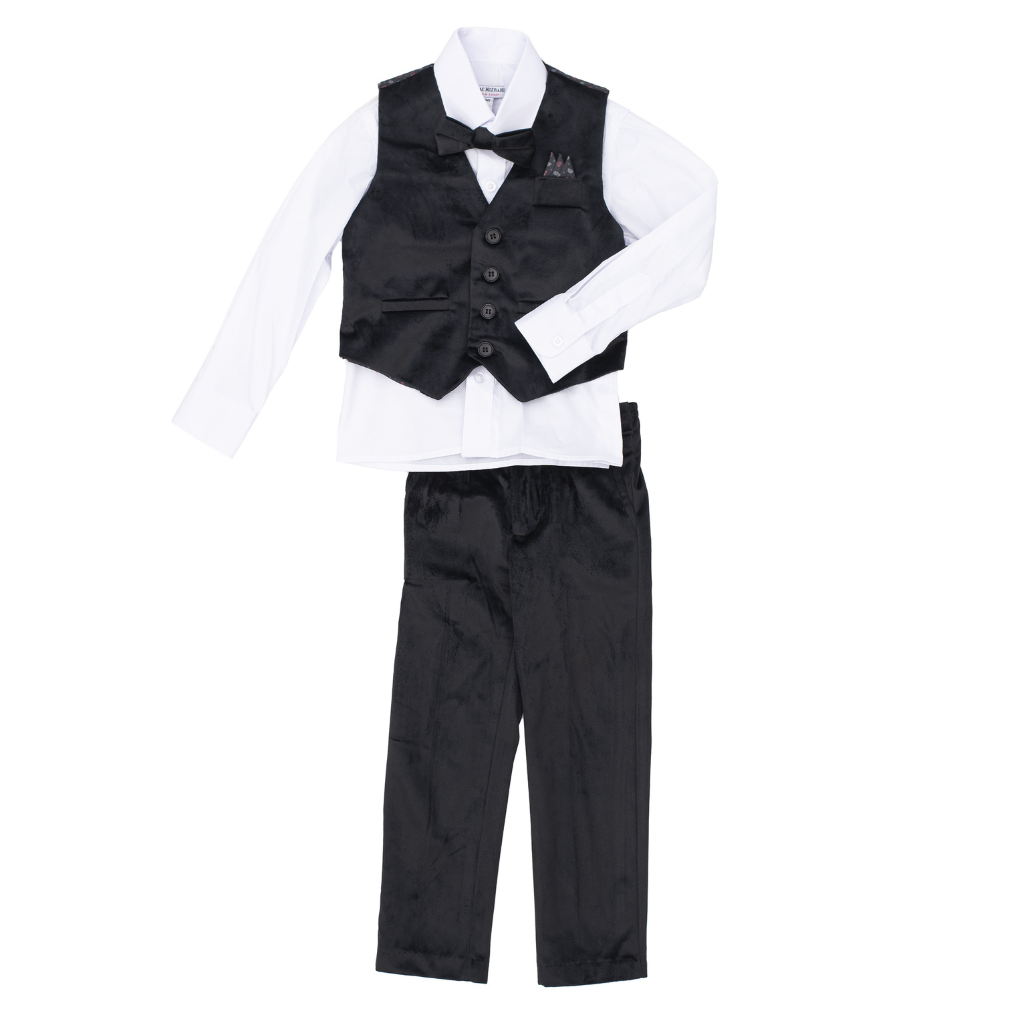 Boys 5-Piece Black Formal Vest Set – Dress Shirt, Vest, Pants, Bow Tie & Pocket Square