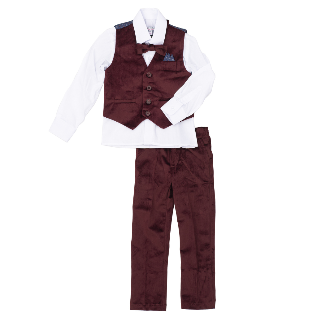Boys 5-Piece Burgundy Formal Vest Set – Dress Shirt, Vest, Pants, Bow Tie & Pocket Square