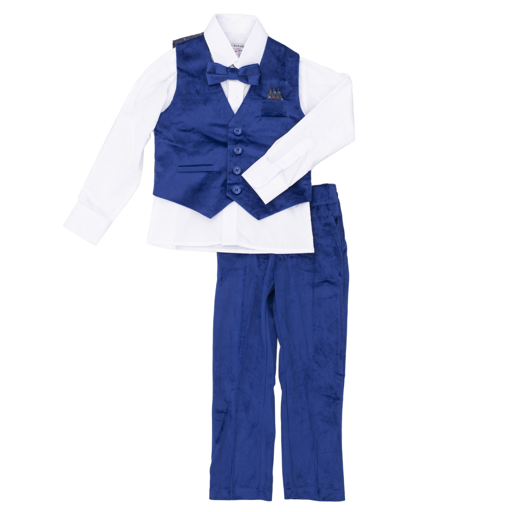 Boys 5-Piece Cobalt Blue Formal Vest Set – Dress Shirt, Vest, Pants, Bow Tie & Pocket Square