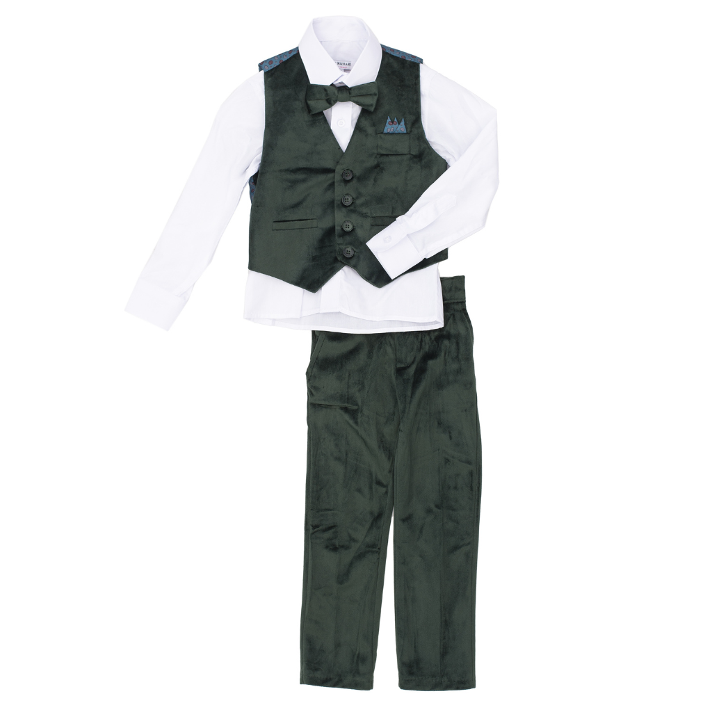 Boys 5-Piece Hunter Green Formal Vest Set – Dress Shirt, Vest, Pants, Bow Tie & Pocket Square