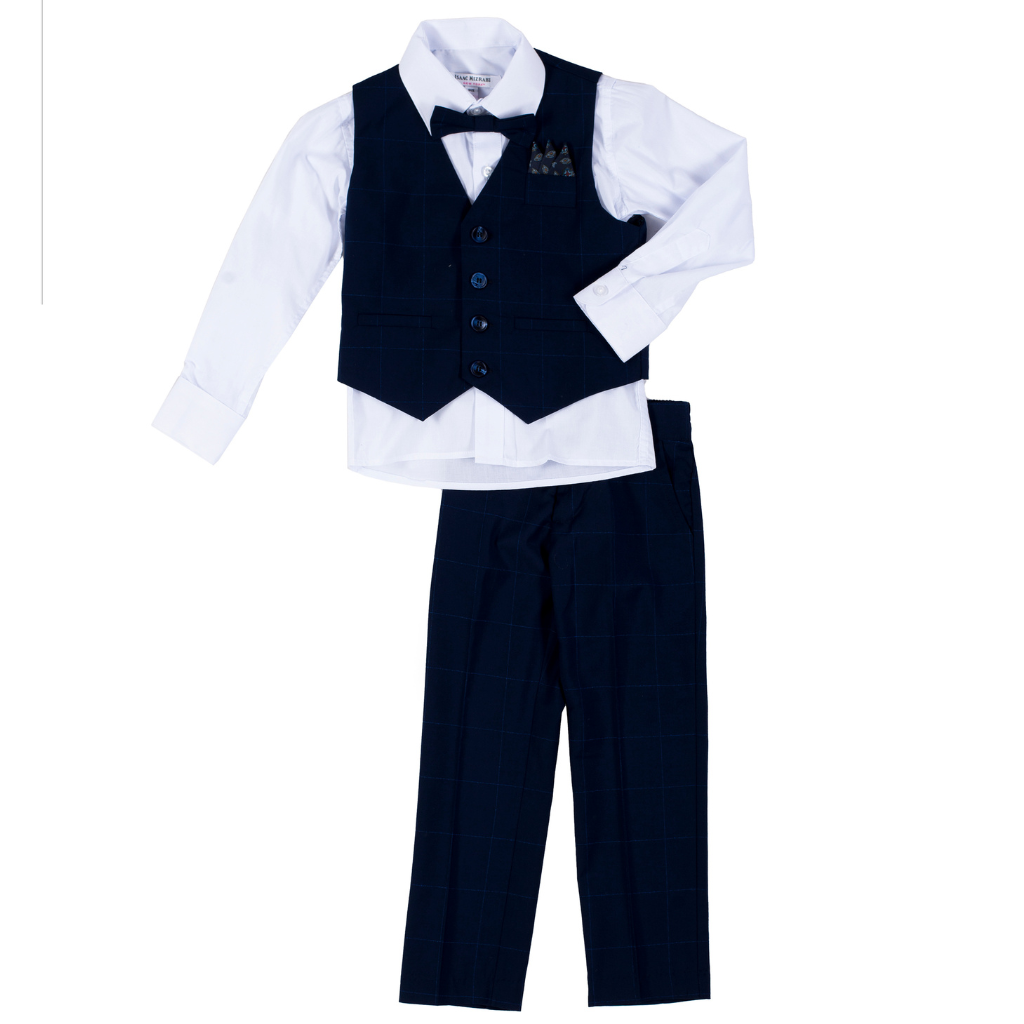 Boys 5-Piece Navy Windowpane Formal Vest Set – Dress Shirt, Vest, Pants, Bow Tie & Pocket Square