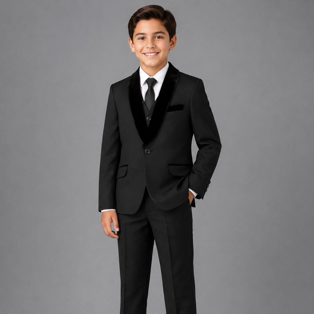 Boys Classic Black Shawl Lapel Tuxedo Suit – 2-Piece Formal Blazer & Dress Pants