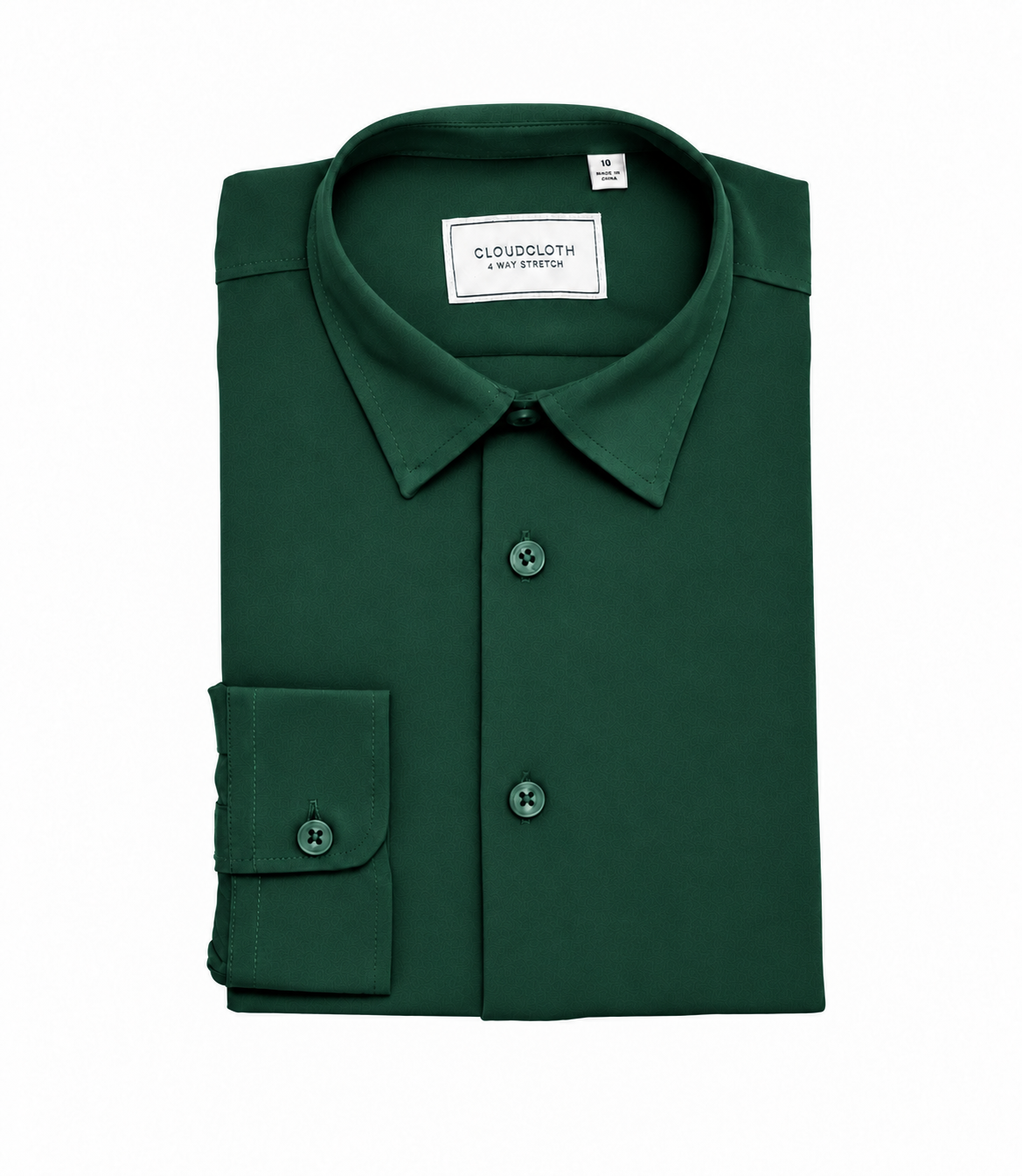 A folded dark green long-sleeve dress shirt with a pointed collar, button-down front, and a single cuff with a button, shown on a plain white background. The inner collar label reads 'CLOTHOUSE & FINISH'.