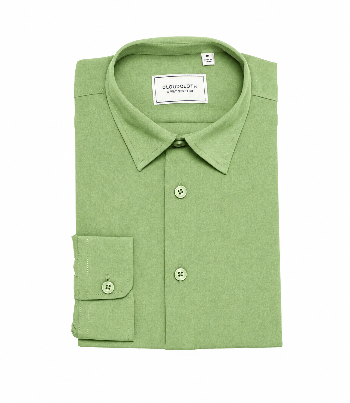 A folded light green long-sleeve dress shirt with a pointed collar, three-button placket, and a single-button cuff, shown on a plain white background. The brand label reads 'CLOUDSLOTH & SMITH'.