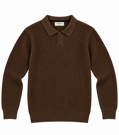 A dark brown ribbed knit polo sweater with a matching collar, shown flat against a solid white background. The brand label inside the collar reads 'Larimar'.