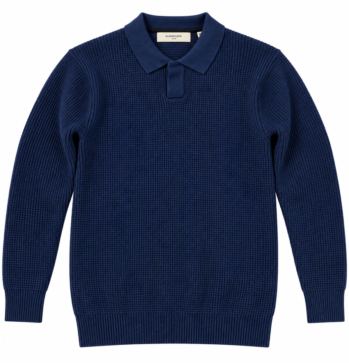 A navy blue long-sleeve knit polo sweater with a textured waffle pattern, shown flat against a white background.