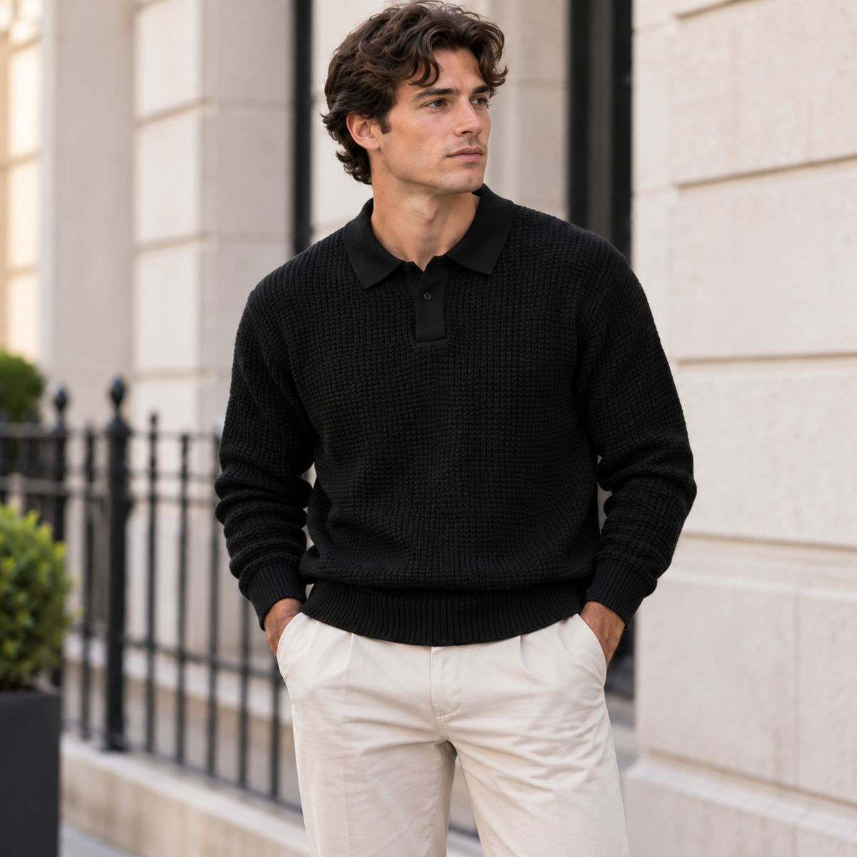 A man wearing a black textured knit polo sweater and off-white trousers, standing outdoors in front of a light-colored stone building.