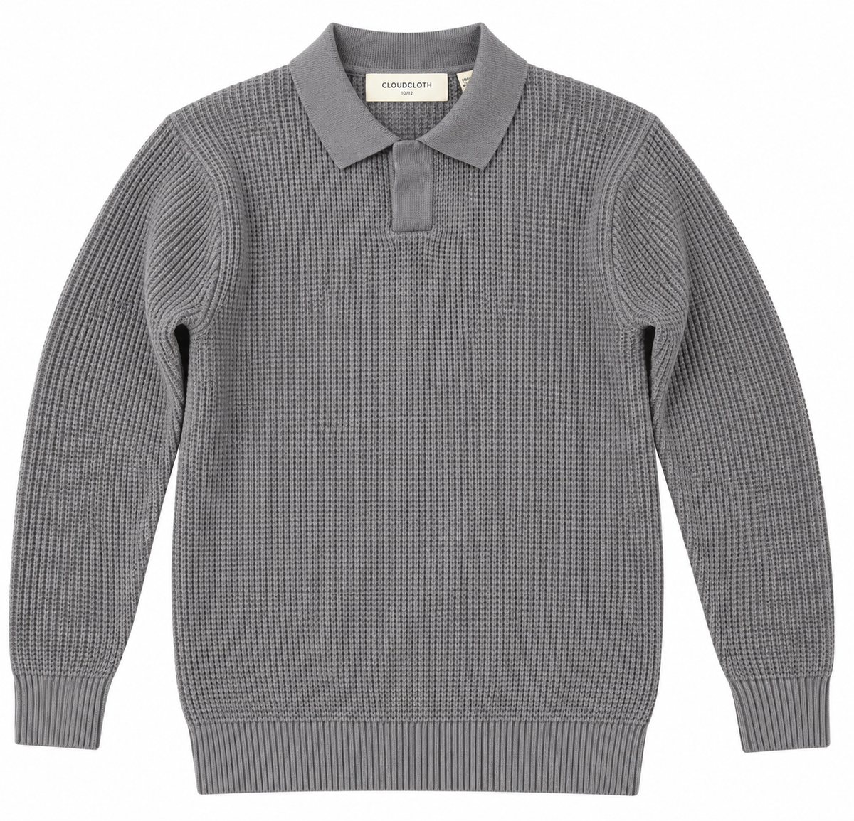 A gray ribbed knit polo sweater with a textured waffle pattern, displayed flat against a white background.