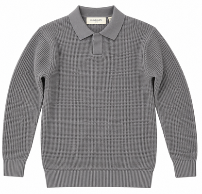 A gray ribbed knit polo sweater with a textured waffle pattern, displayed flat against a white background.
