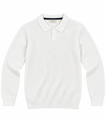 A white long-sleeve knit polo sweater with a ribbed collar, cuffs, and hem, shown flat against a white background.