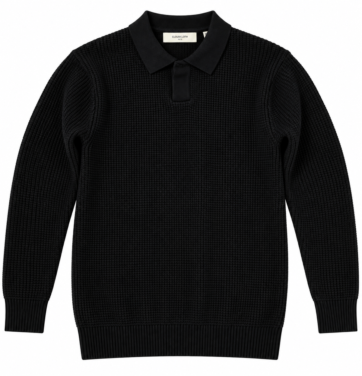 A black long-sleeve knit polo sweater with a textured waffle pattern, shown flat against a plain white background.