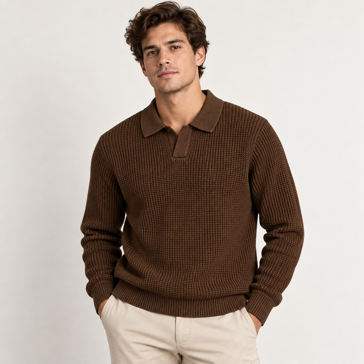 A man wearing a brown waffle-knit polo sweater and light beige trousers, standing against a plain light gray studio background.
