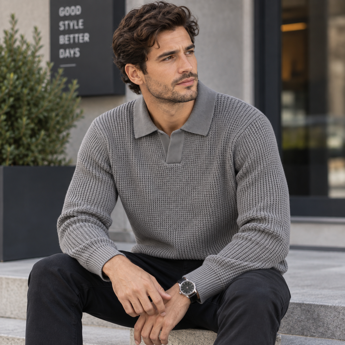 A man wearing a gray waffle-knit polo shirt and black trousers sits on stone steps in front of a modern building, looking off-camera. The shirt features a classic collar and a short button placket.