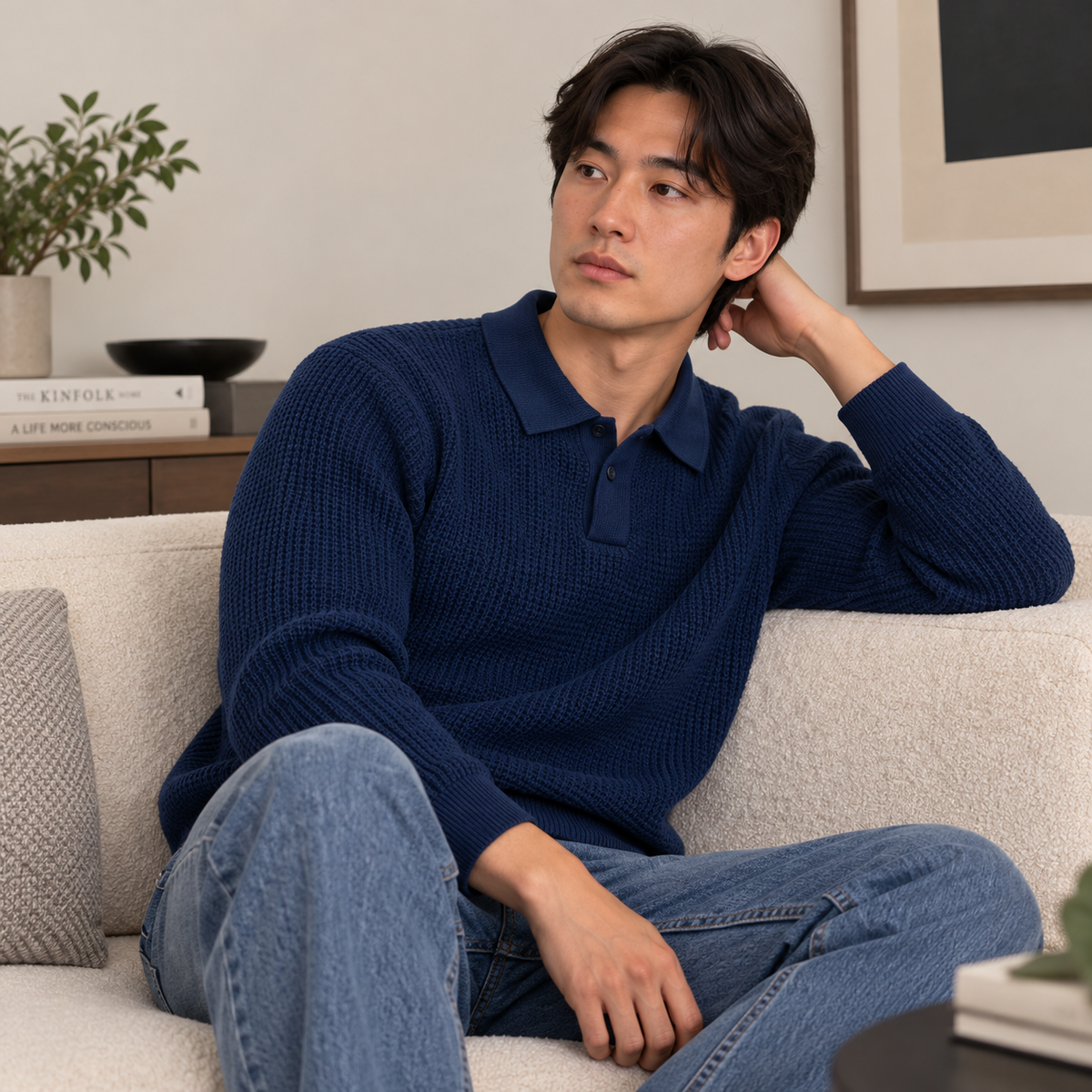 A man wearing a navy blue waffle-knit polo sweater and light blue jeans sits on a light beige textured sofa in a modern living room setting.