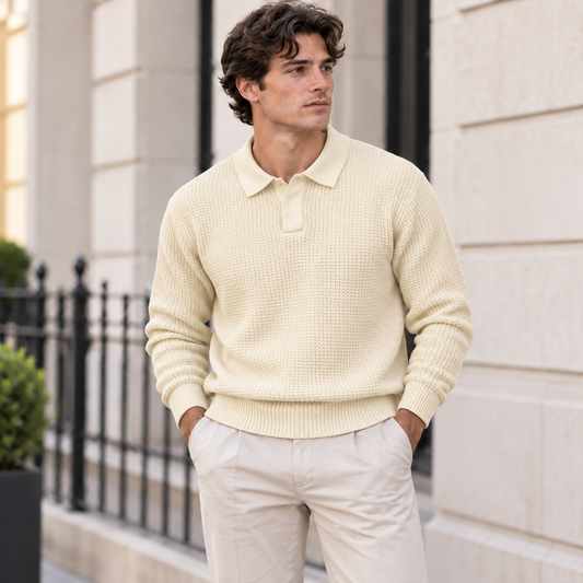 A man wearing a cream-colored waffle-knit polo sweater and light beige trousers, standing outdoors in front of a light-colored stone building.