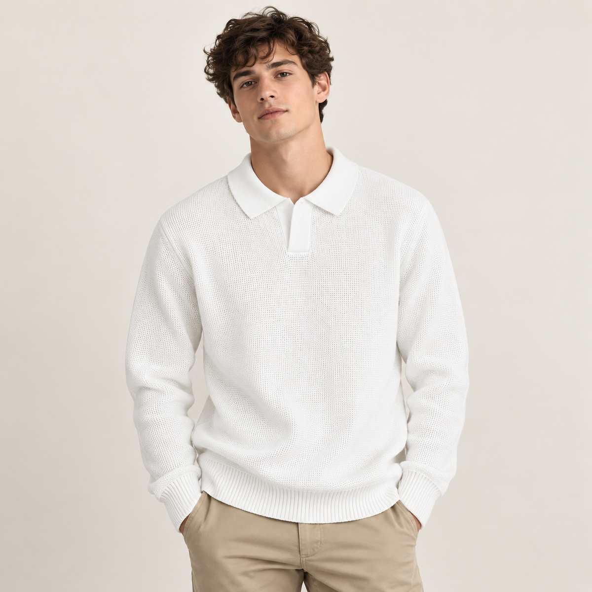 Men’s Long Sleeve Waffle Knit Polo Sweater – White