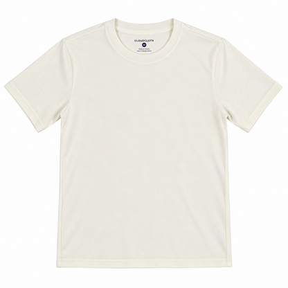 An off-white crewneck t-shirt by Clarks of London, laid flat against a solid white background.
