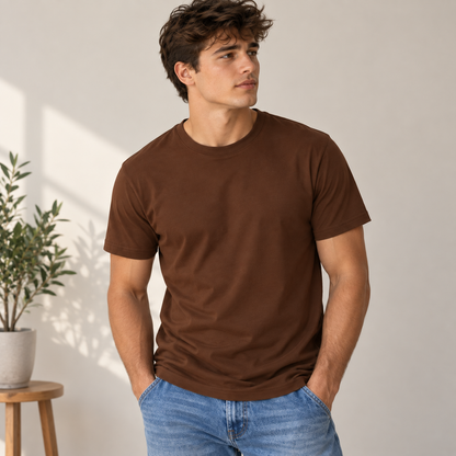 A man wearing a solid brown short-sleeve crewneck t-shirt and blue jeans, standing in a brightly lit room with a potted plant on a wooden stool to the left.