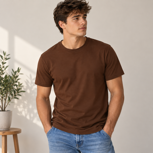 A man wearing a solid brown short-sleeve crewneck t-shirt and blue jeans, standing in a brightly lit room with a potted plant on a wooden stool to the left.