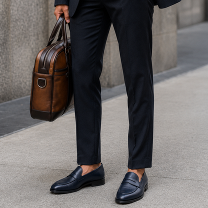Men's Navy Pebble-Grain Leather Penny Loafers Shoes2