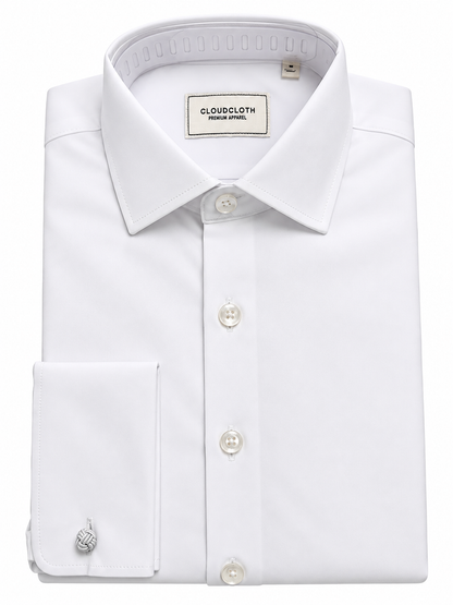 Men’s White French Cuff Flex-Fit Solid Stretch Button-Down Dress Shirt