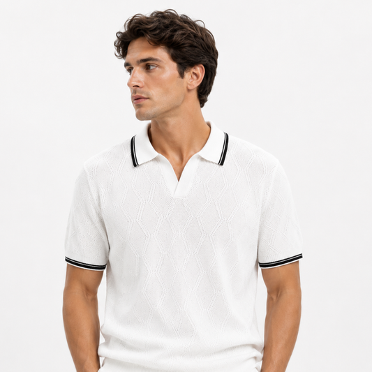 Men’s White Honeycomb Knit Polo Shirt