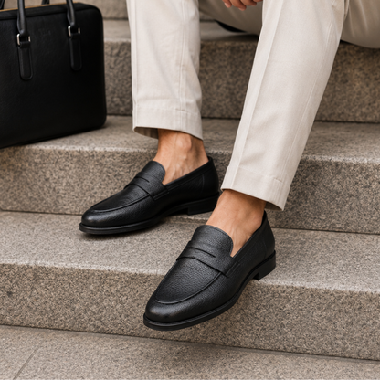 Men's black Pebble-Grain Leather Penny Loafers Shoes2