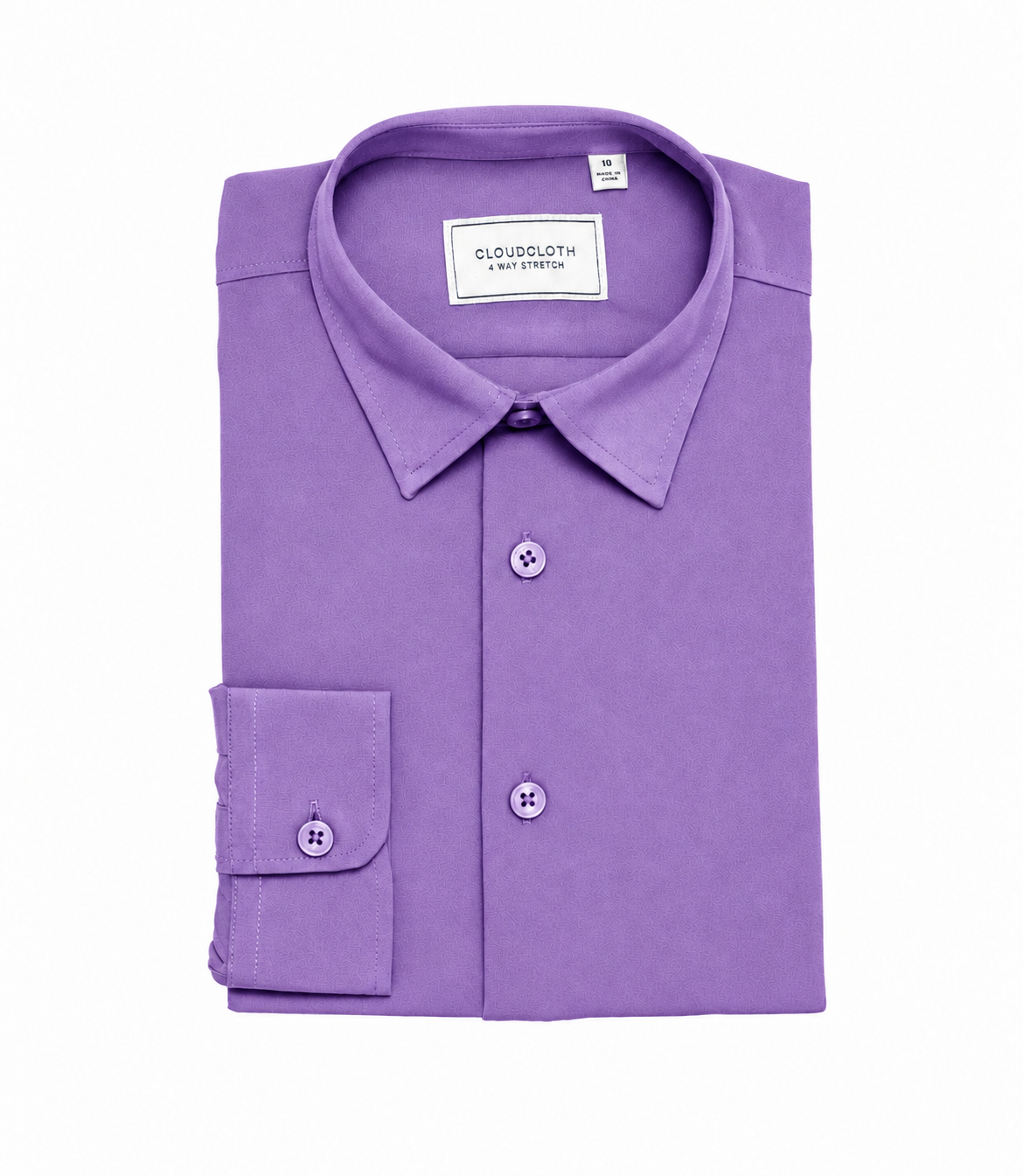 A folded purple long-sleeve dress shirt with a pointed collar, button-down front, and a single cuff with a button, shown on a plain white background. The brand label reads 'ELUSDBLOTH'.