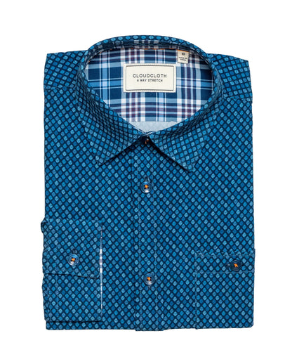 Boys 4-Way Stretch Long Sleeve Shirt with Blue Diamond Print