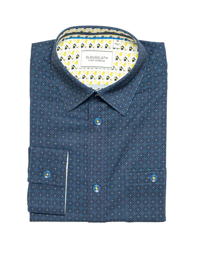 Boys 4-Way Stretch Long Sleeve Shirt with Navy Geometric Dot Print