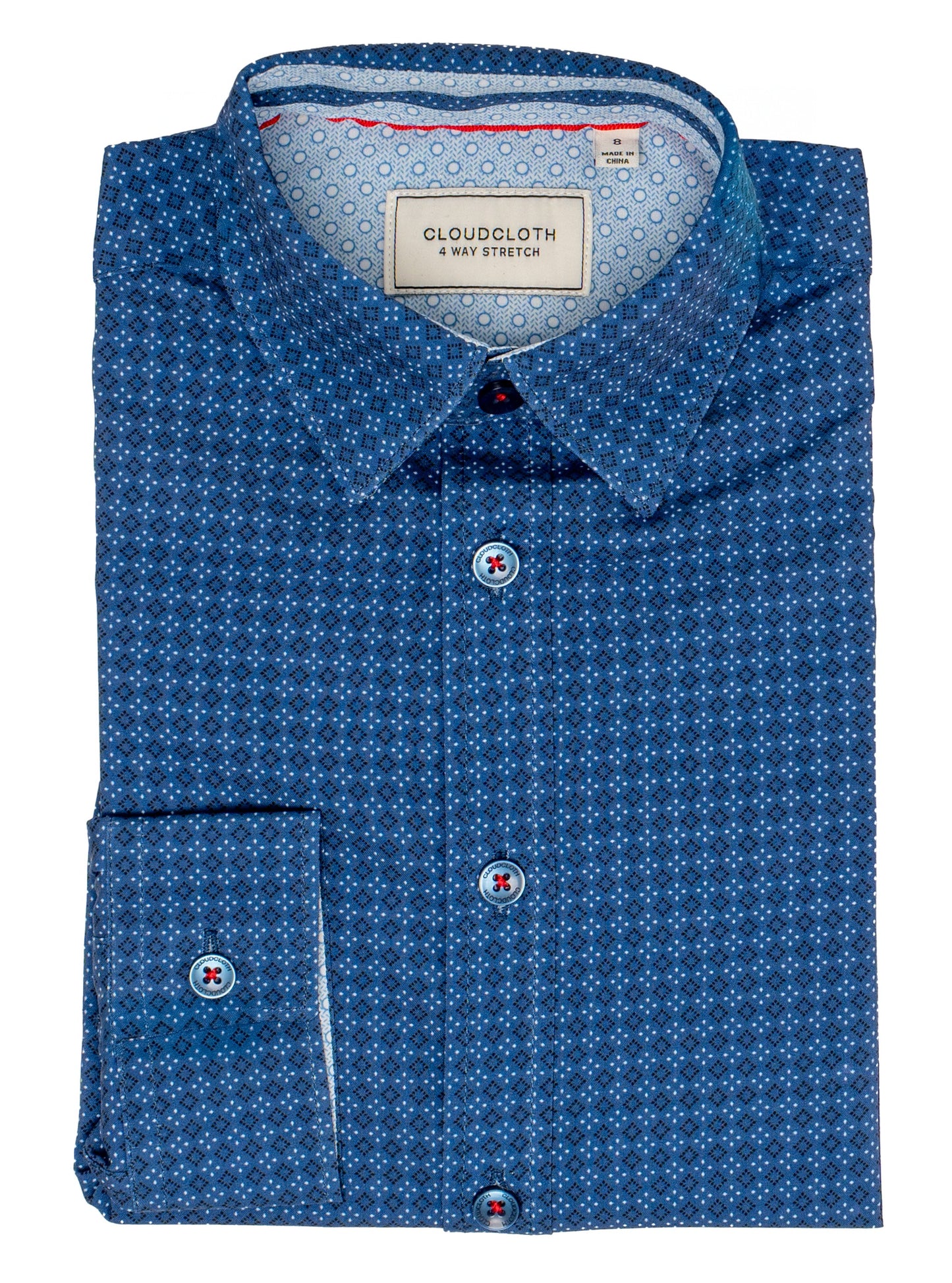 Boys 4-Way Stretch Long Sleeve Shirt with Blue Micro Diamond Print