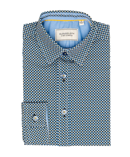 Boys 4-Way Stretch Long Sleeve Shirt with Blue Honeycomb Geometric Print