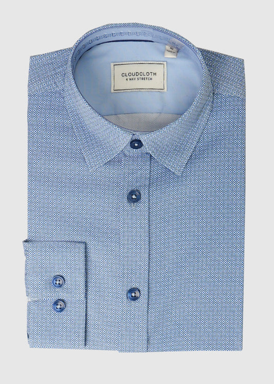 Boys 4-Way Stretch Blue Micro Diamond Print Dress Shirt