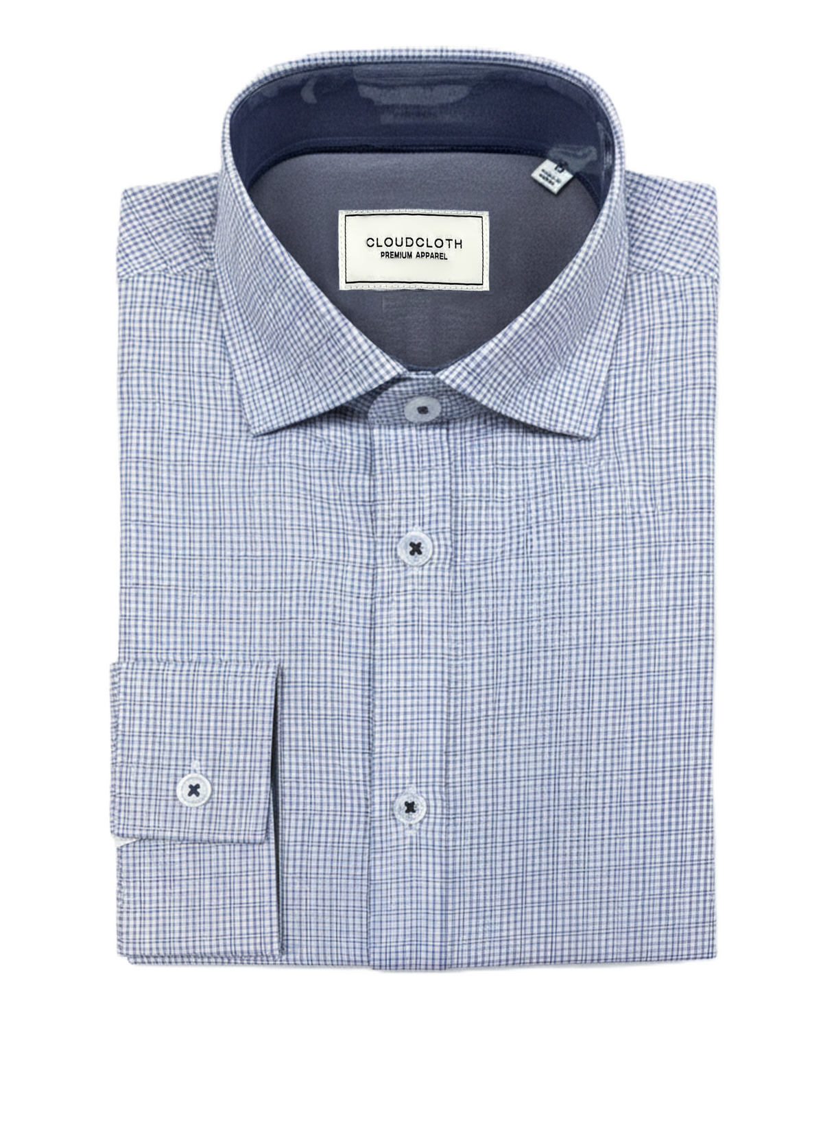 A folded Cloudcloth Fine Wool dress shirt in a light blue and white micro-check pattern, featuring a classic collar, button-down front, and a single-button cuff.