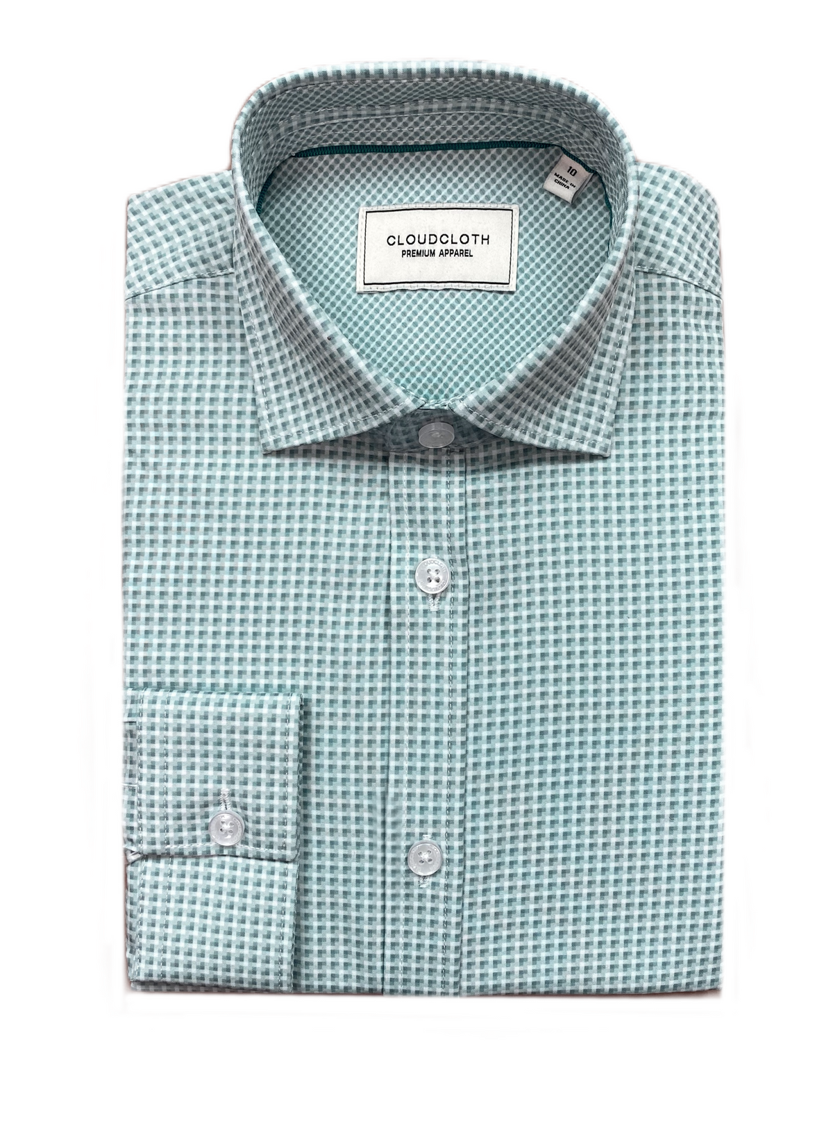 A folded men's dress shirt in a light blue and white micro-check pattern, featuring a pointed collar, button-down front, and a visible Cloudcloth French April neck label.