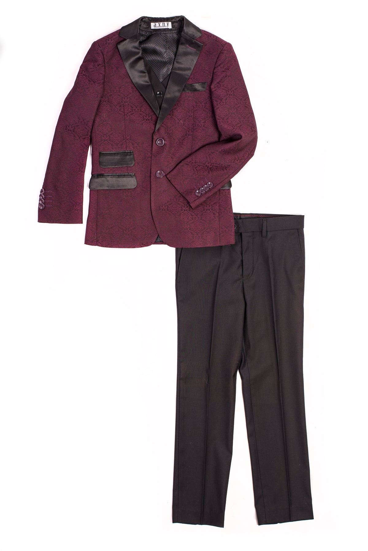 Boys 3-Piece Formal Set Jacquard Tuxedo Suit with Black Satin Lapel –  Burgundy