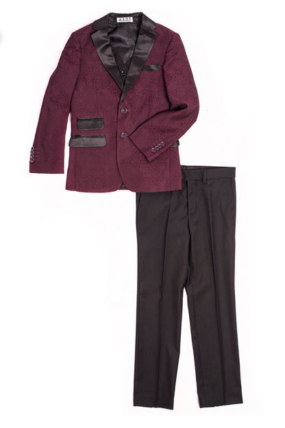 Boys 3-Piece Formal Set Jacquard Tuxedo Suit with Black Satin Lapel –  Burgundy
