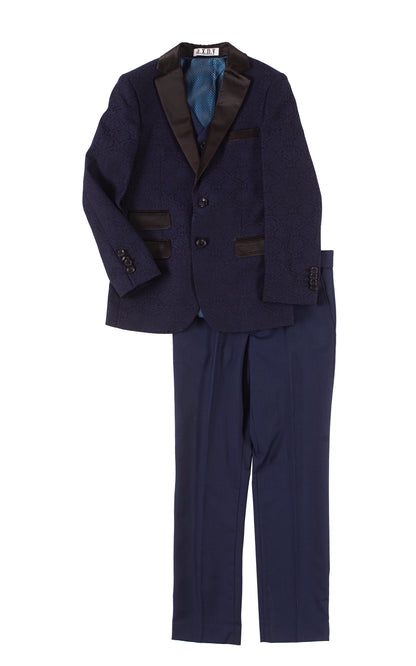 Boys' Jacquard Tuxedo Suit with Satin Lapels in Navy & Black