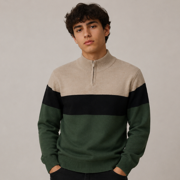 Boys Color Block Half-Zip High Neck Sweater