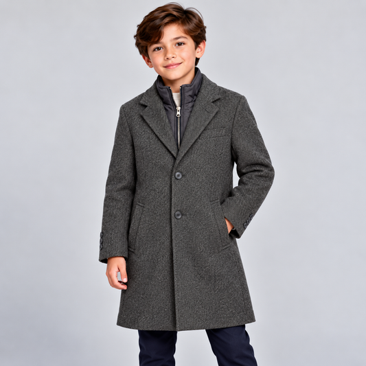 Boys Charcoal Gray Herringbone Overcoat with Zip-Up Bib Collar