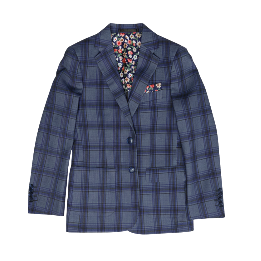 Boy's Blue Plaid Textured Suit Blazer