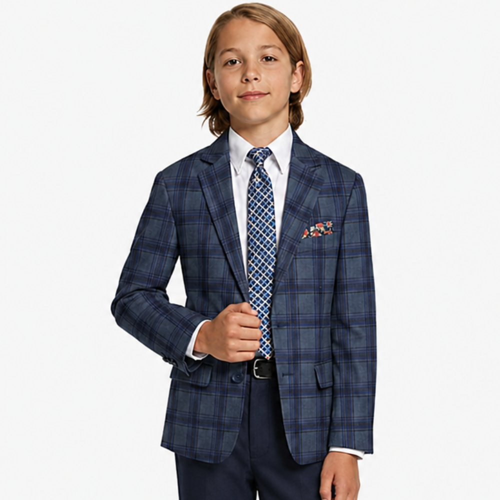 Boy's Blue Plaid Textured Suit Blazer