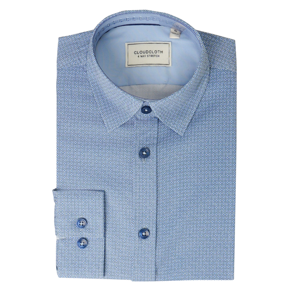 Boys 4-Way Stretch Blue Micro Diamond Print Dress Shirt