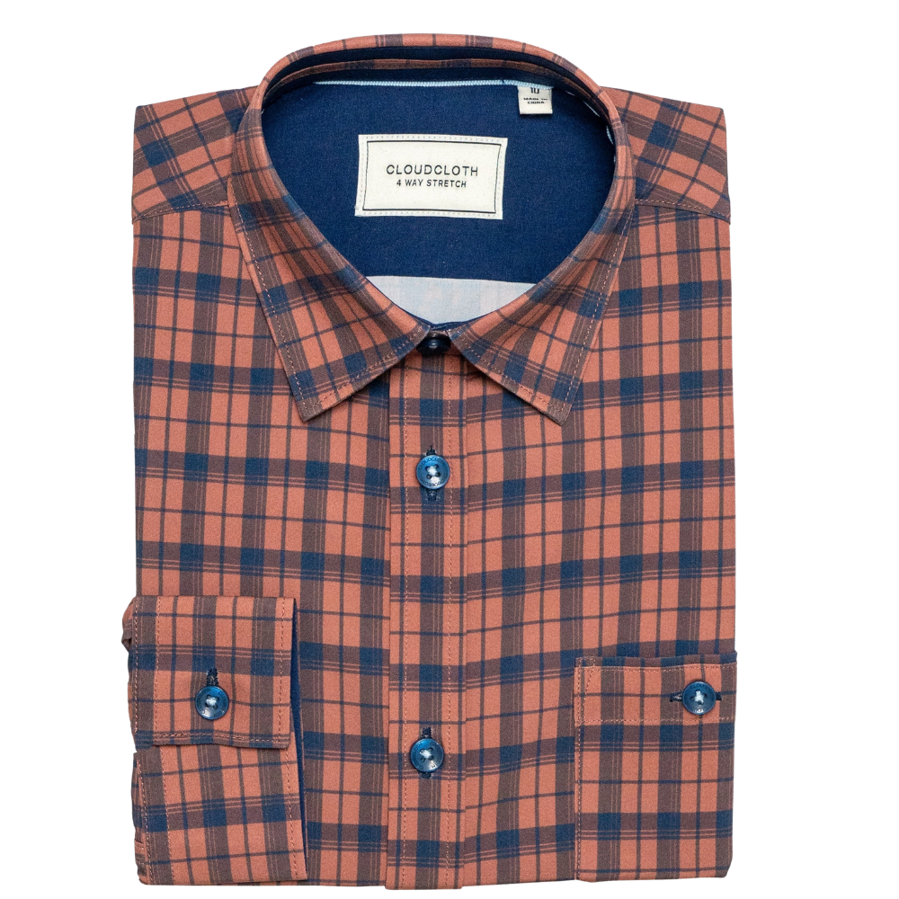 Boys 4-Way Stretch Long Sleeve Plaid Dress Shirt – Rust & Navy Check