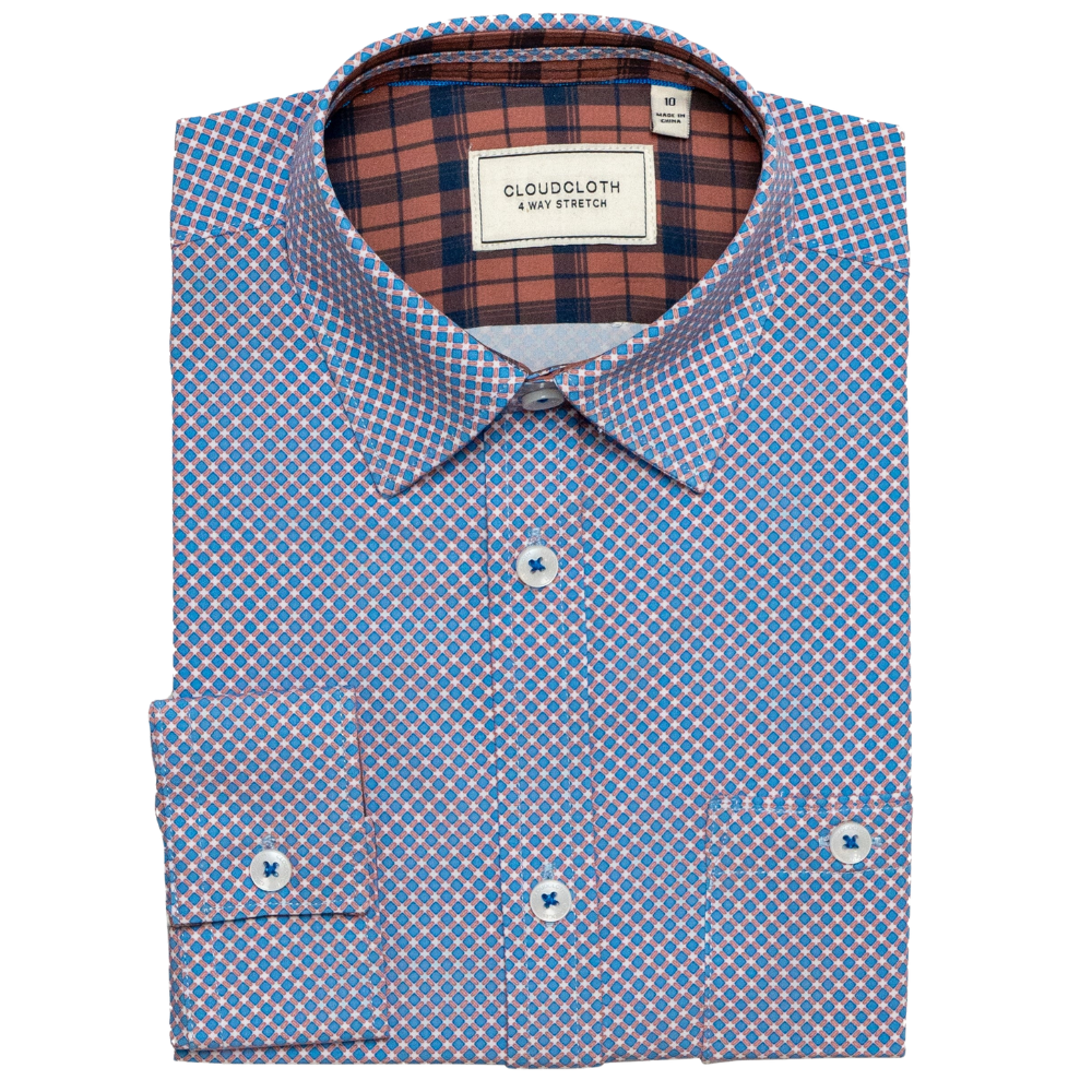 Boys 4-Way Stretch Long Sleeve Shirt with Pink & Blue Geometric Print