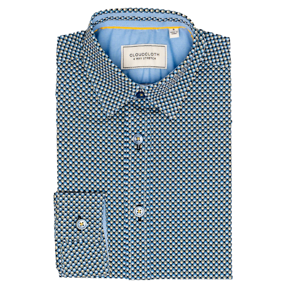 Boys 4-Way Stretch Long Sleeve Shirt with Blue Honeycomb Geometric Print