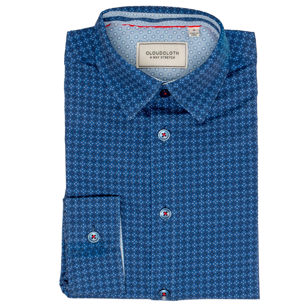 Boys 4-Way Stretch Long Sleeve Shirt with Blue Micro Diamond Print
