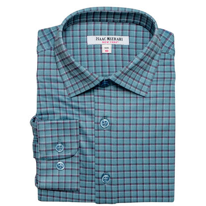 Boys Long Sleeve Plaid Dress Shirt – Teal Blue Plaid Windowpane Check
