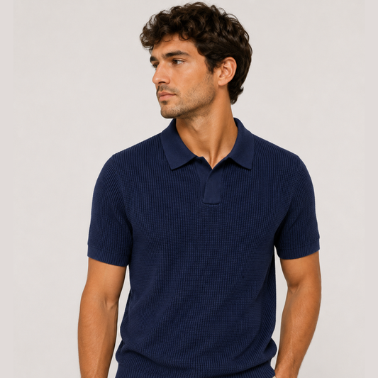 Men's Waffle Knit Polo Sweater Shirt – Navy Blue